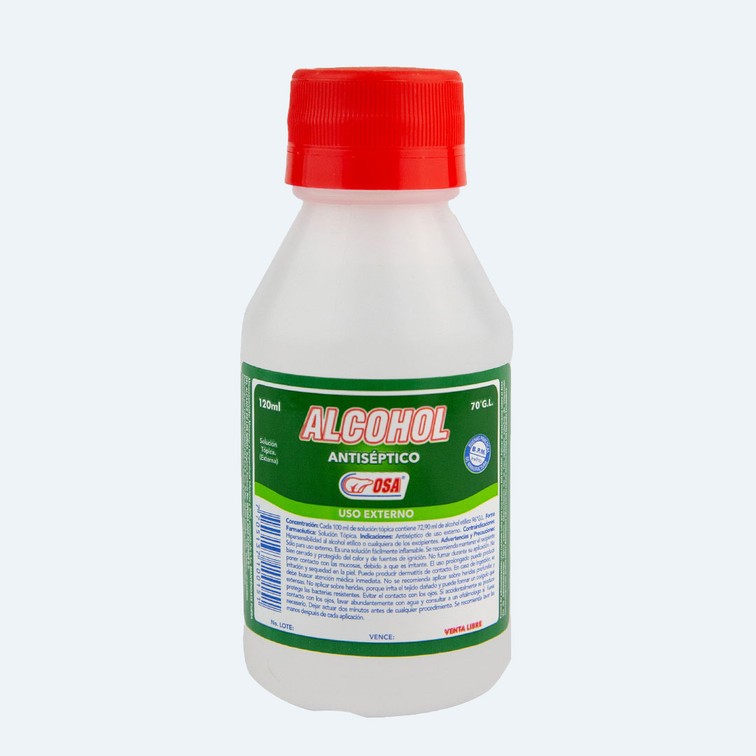 Alcohol antiseptico OSA de alta pureza, ideal para desinfección de manos, superficies y equipos. Su fórmula al 70% elimina eficazmente bacterias, virus y hongos, contribuyendo a mantener ambientes limpios y seguros.