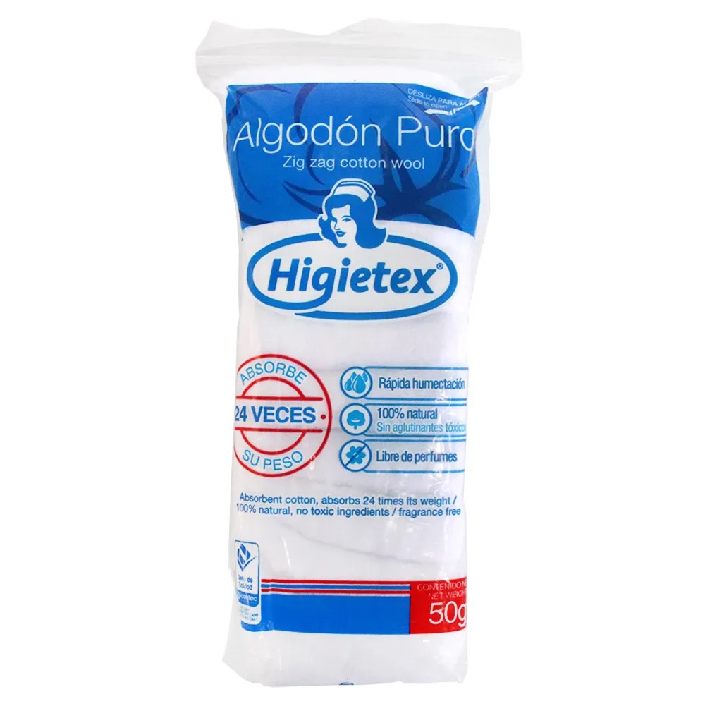 Algodon Higietex es 100% natural, suave, absorbente y libre de impurezas, ideal para uso médico, cosmético y cuidado personal.