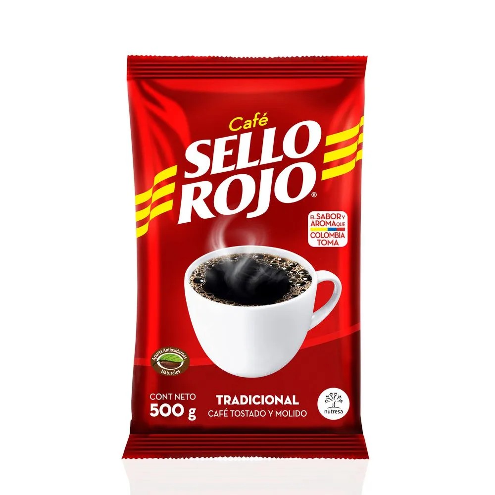 Café Sello Rojo 500 g, reconocido por su sabor suave y agradable.