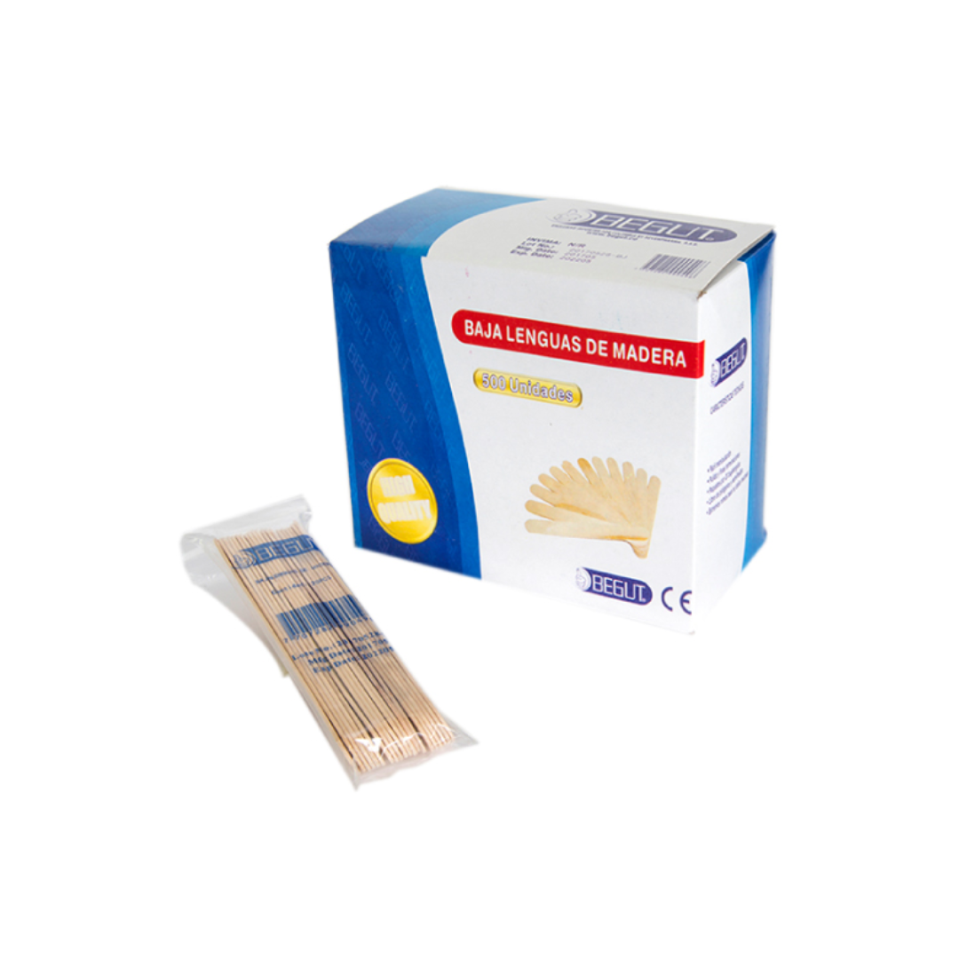 Bajalenguas desechables de madera natural, ideales para consultorios médicos, odontológicos o centros de cuidado.