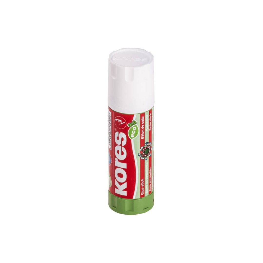 Pegante en barra KORES con fórmula libre de solventes, ideal para uso escolar y de oficina.