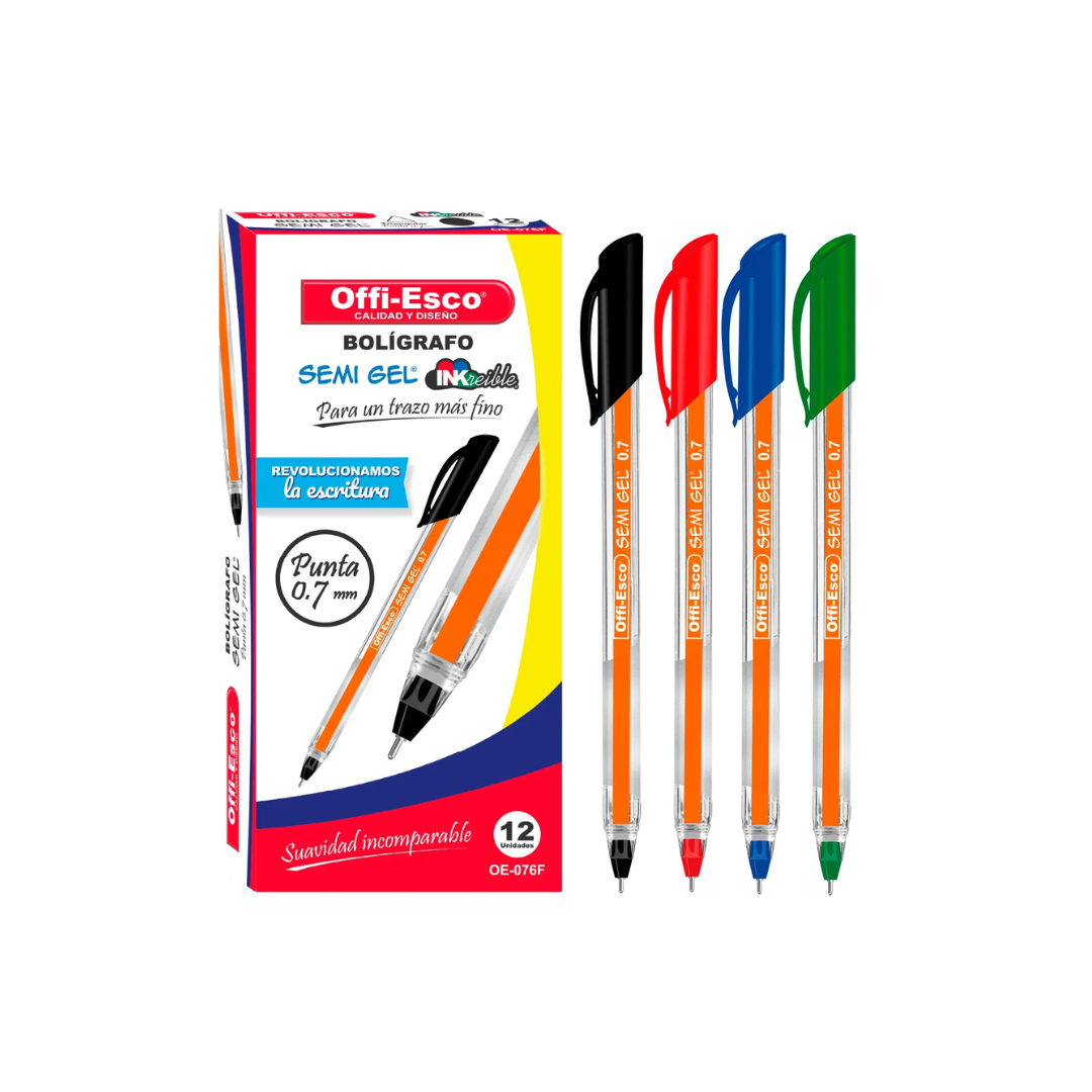 Esfero semi gel OFFI-ESCO con punta de 0.7 mm, combina la suavidad de la tinta gel con la durabilidad de un bolígrafo.