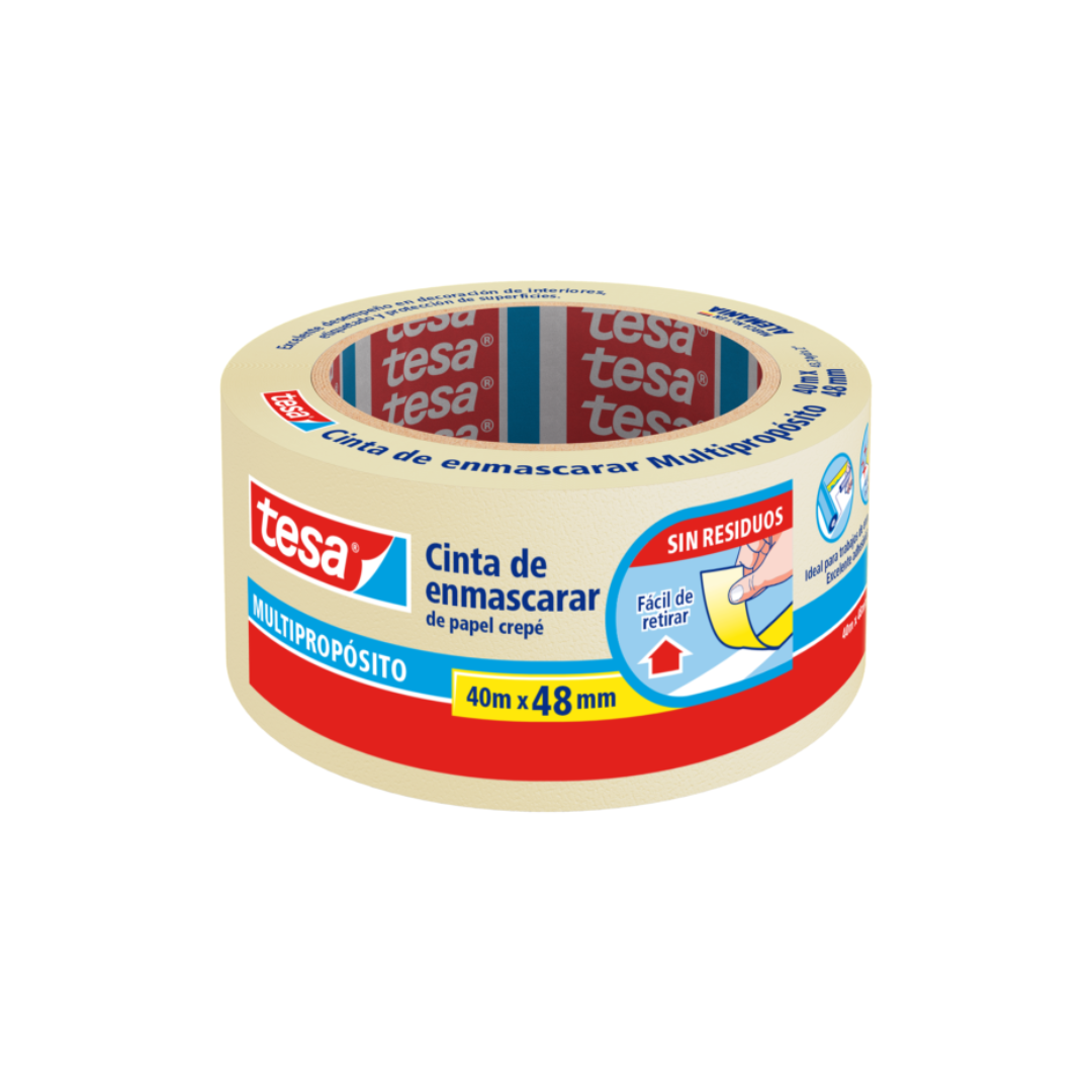 Cinta de enmascarar TESA 48 mm x 40 m, recomendada para trabajos de gran cobertura.