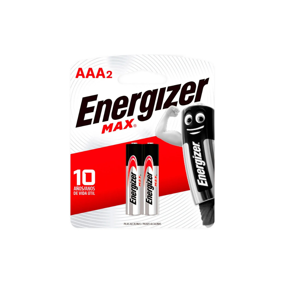 Pilas alcalinas AAA Energizer, ideales para dispositivos electrónicos de uso continuo como controles, linternas o juguetes.