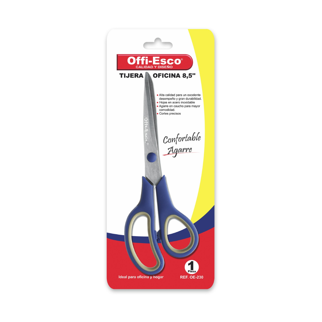 Tijeras de oficina OFFI-ESCO de 8.5", hoja de acero inoxidable y mango ergonómico.