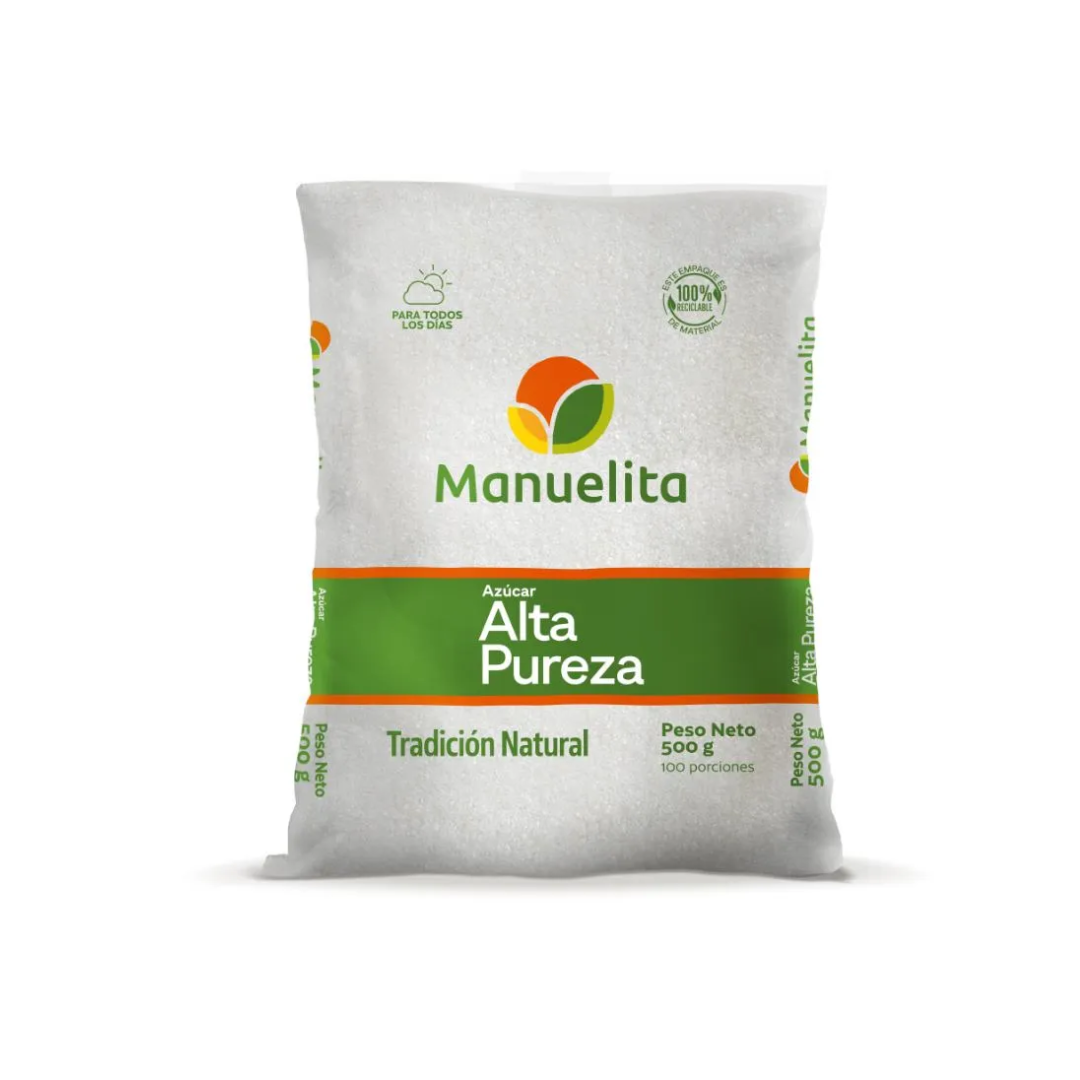 Azucar Manuelita 500 gr, refinada y de textura uniforme.