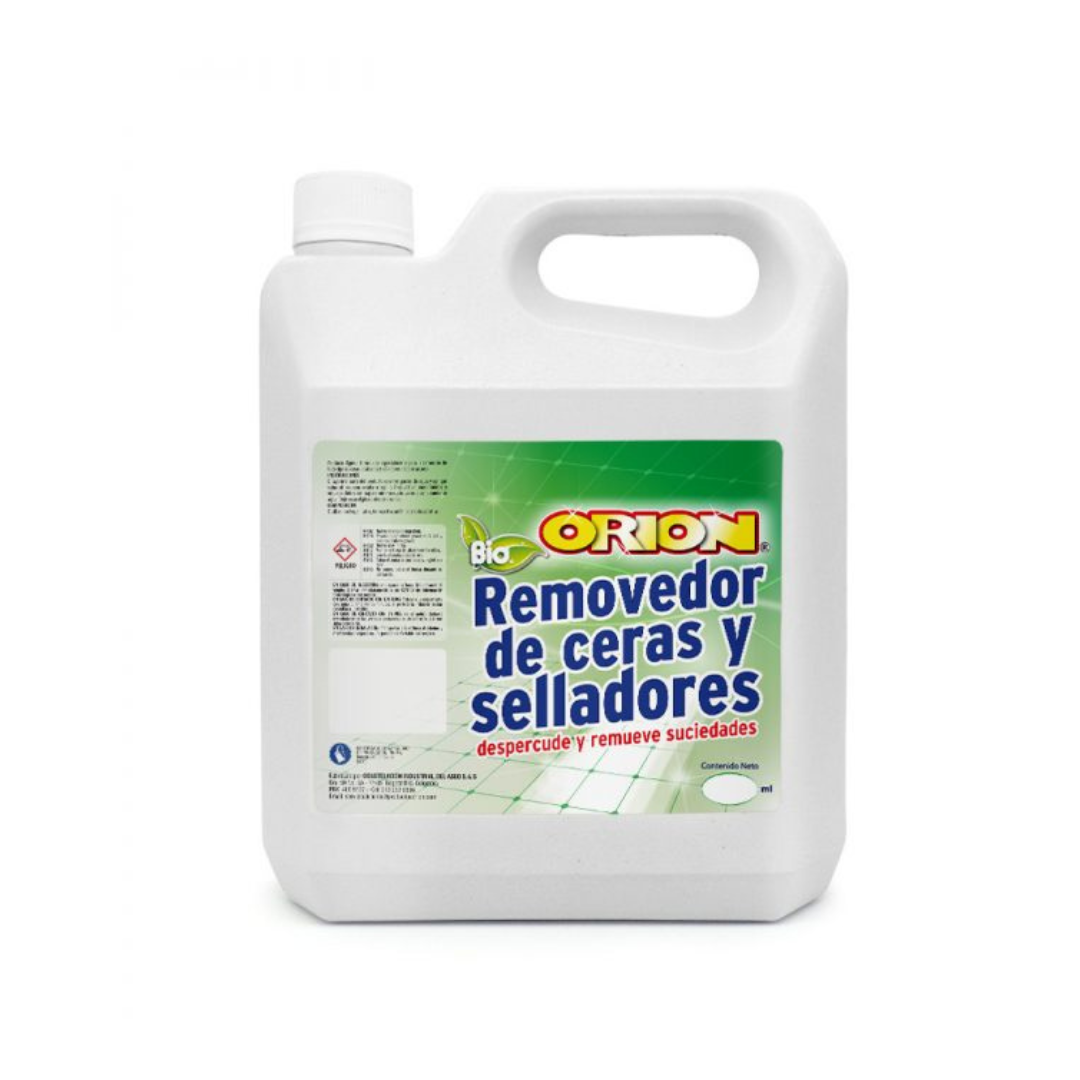 Removedor ORION: rápido, potente, seguro. Elimina ceras/selladores acumulados en pisos. Fórmula profesional remueve capas difíciles sin dañar.