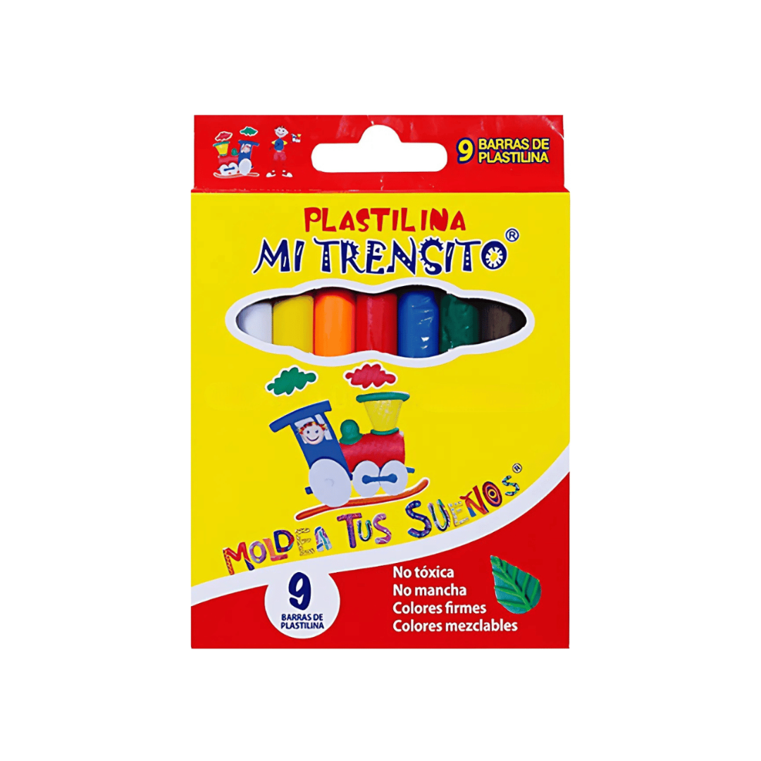 Plastilina Mi Trensito x 9 Und, perfecta para manos pequeñas, esta plastilina suave y maleable viene en nueve tonos vibrantes que inspiran la imaginación.