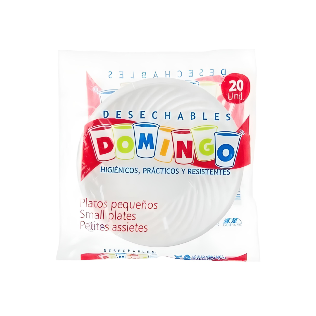Plato pequeño desechable Domingo: Prácticos, higiénicos y elegantes. Paquete de 20 unidades ideal para eventos, reuniones o negocios de comida.