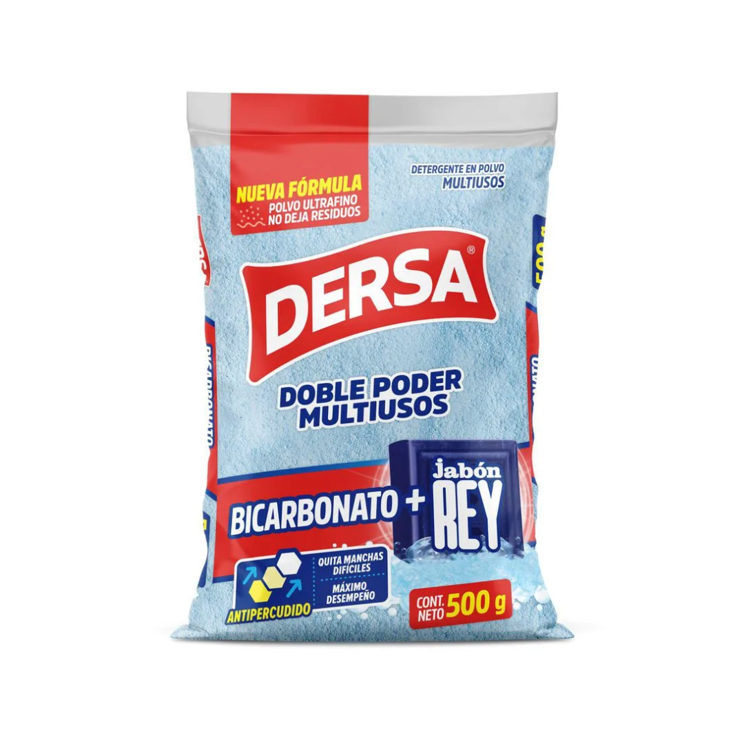 Detergente Polvo DERSA Multiusos Bicarbonato + Jabón Rey: limpia más, rinde más y huele delicioso con limpieza profunda y un toque tradicional.