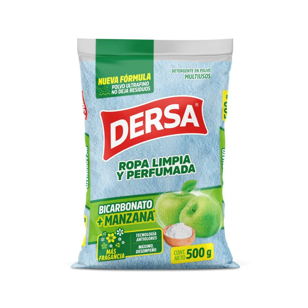 Detergente DERSA Polvo multiusos con bicarbonato y aroma a manzana: limpia a fondo, rinde más y deja una sensación fresca en cada uso.