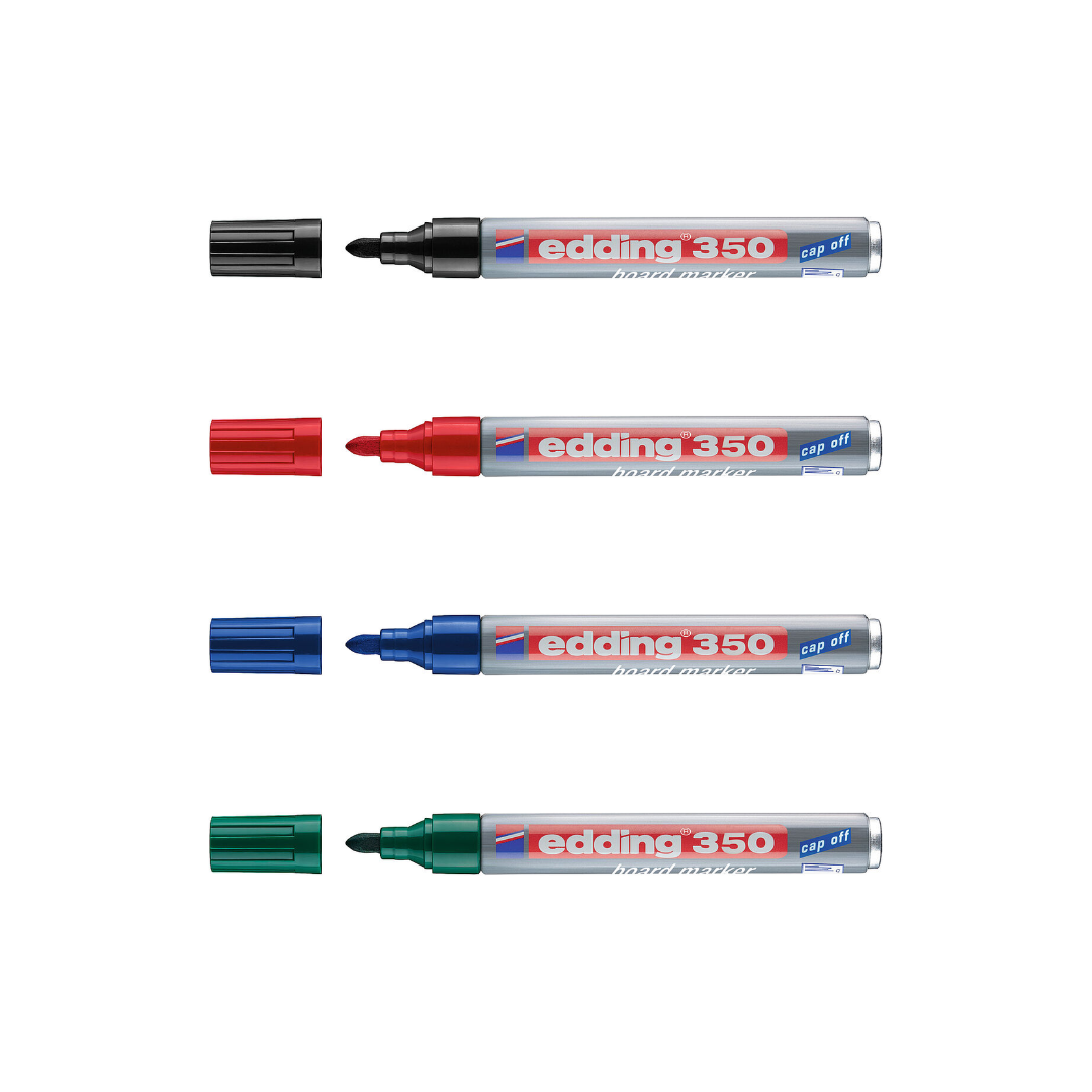 Marcador de tablero recargable Edding 350, punta redonda y tinta seca recargable. Escritura clara y fácil de borrar. Resistente al secado prematuro.