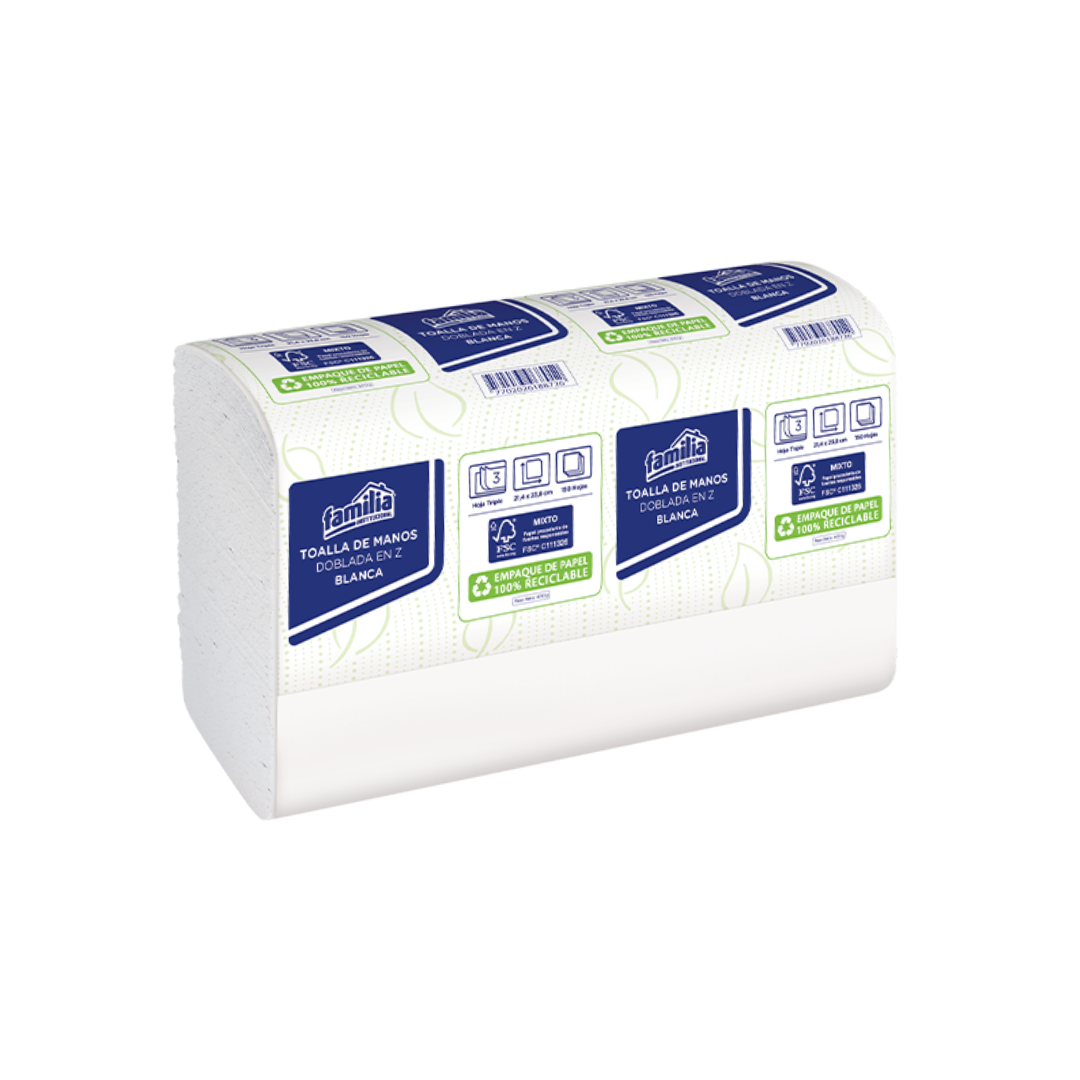 Toalla Manos Familia Blanca Ref. 73528 x150: práctica, absorbente y suave. Ideal para hogares, oficinas y baños de alto tráfico.